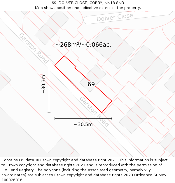 69, DOLVER CLOSE, CORBY, NN18 8NB: Plot and title map