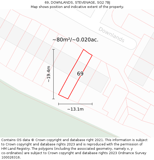 69, DOWNLANDS, STEVENAGE, SG2 7BJ: Plot and title map