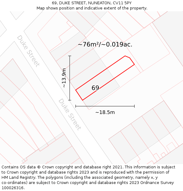 69, DUKE STREET, NUNEATON, CV11 5PY: Plot and title map