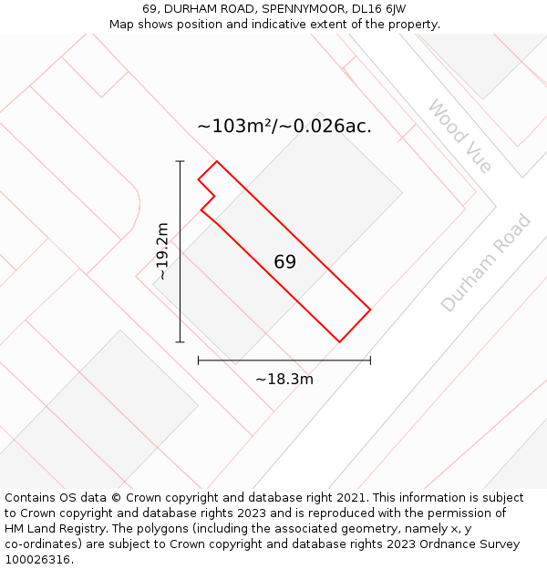 69, DURHAM ROAD, SPENNYMOOR, DL16 6JW: Plot and title map