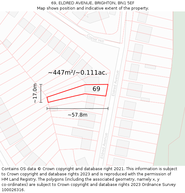 69, ELDRED AVENUE, BRIGHTON, BN1 5EF: Plot and title map