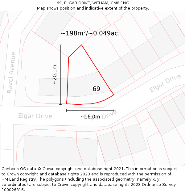 69, ELGAR DRIVE, WITHAM, CM8 1NG: Plot and title map