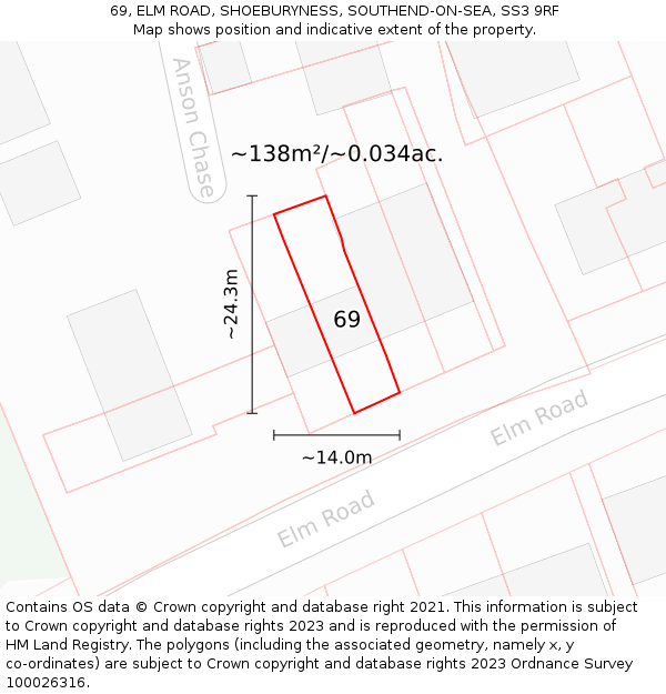 69, ELM ROAD, SHOEBURYNESS, SOUTHEND-ON-SEA, SS3 9RF: Plot and title map