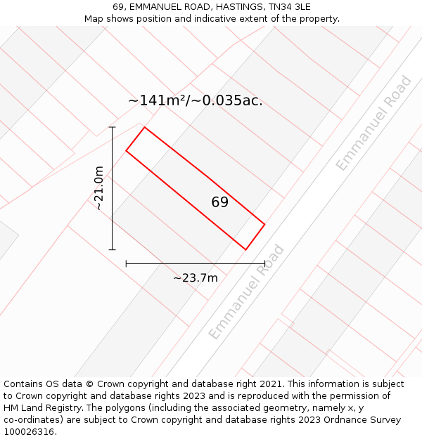 69, EMMANUEL ROAD, HASTINGS, TN34 3LE: Plot and title map