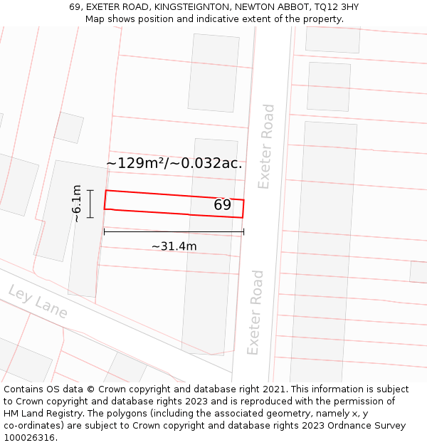 69, EXETER ROAD, KINGSTEIGNTON, NEWTON ABBOT, TQ12 3HY: Plot and title map