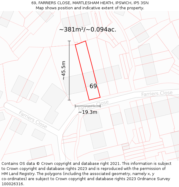 69, FARRIERS CLOSE, MARTLESHAM HEATH, IPSWICH, IP5 3SN: Plot and title map