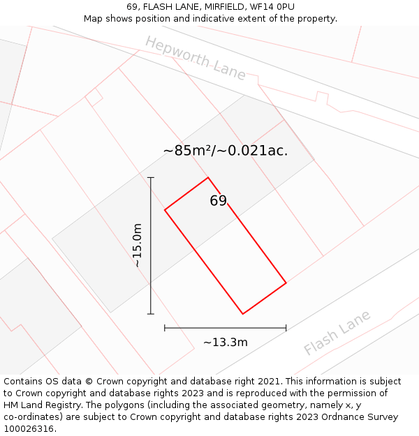 69, FLASH LANE, MIRFIELD, WF14 0PU: Plot and title map