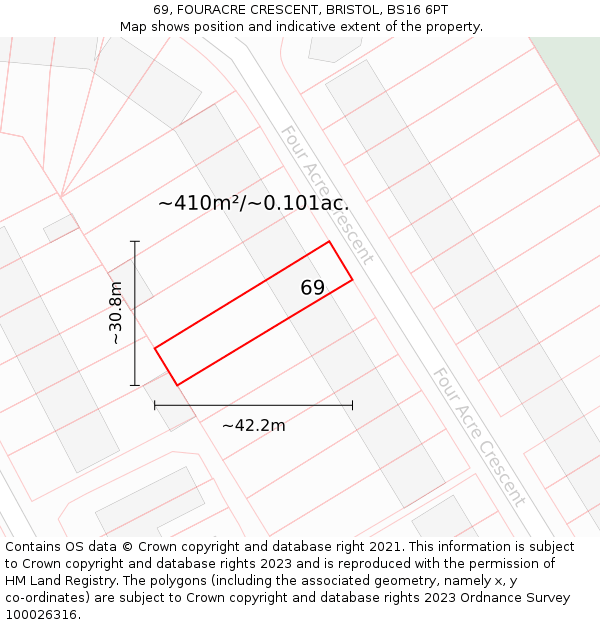 69, FOURACRE CRESCENT, BRISTOL, BS16 6PT: Plot and title map