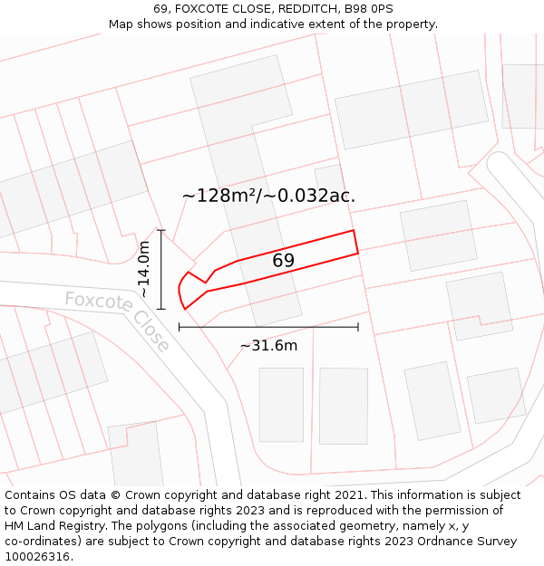 69, FOXCOTE CLOSE, REDDITCH, B98 0PS: Plot and title map