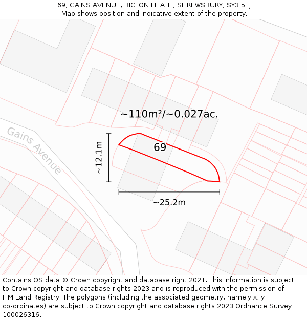 69, GAINS AVENUE, BICTON HEATH, SHREWSBURY, SY3 5EJ: Plot and title map