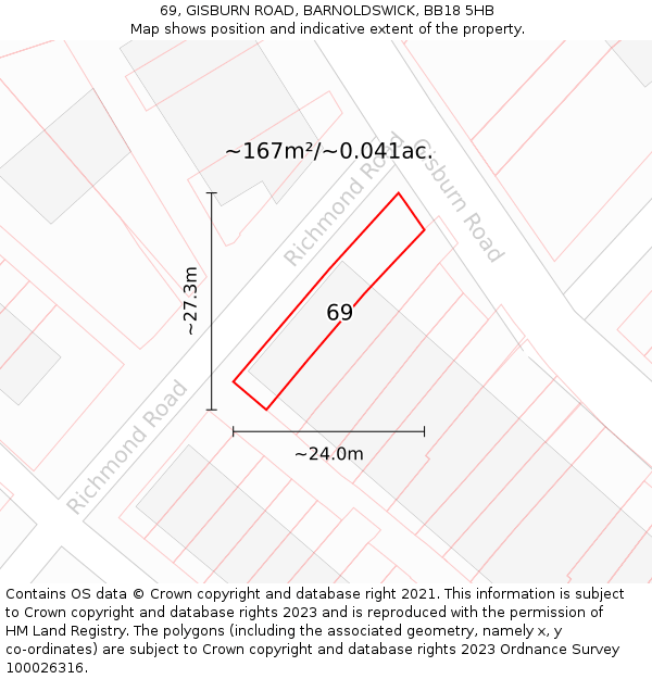 69, GISBURN ROAD, BARNOLDSWICK, BB18 5HB: Plot and title map