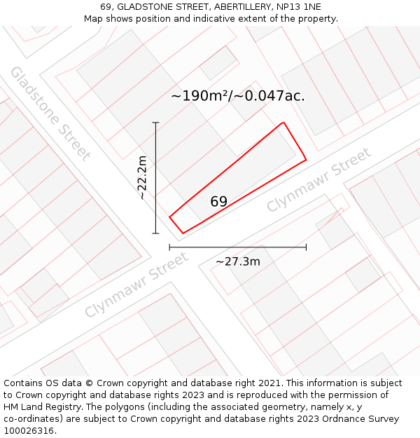 69, GLADSTONE STREET, ABERTILLERY, NP13 1NE: Plot and title map