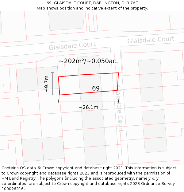 69, GLAISDALE COURT, DARLINGTON, DL3 7AE: Plot and title map