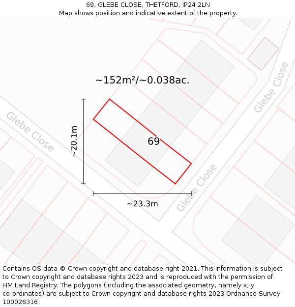 69, GLEBE CLOSE, THETFORD, IP24 2LN: Plot and title map