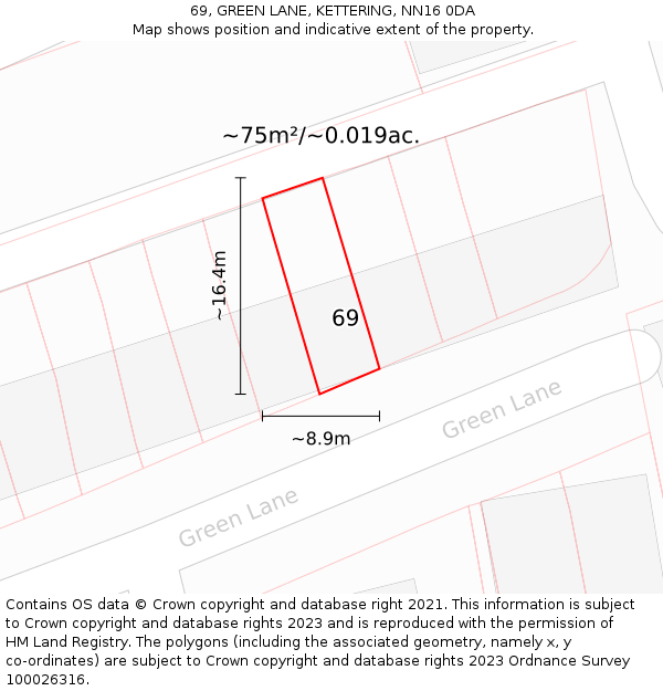 69, GREEN LANE, KETTERING, NN16 0DA: Plot and title map