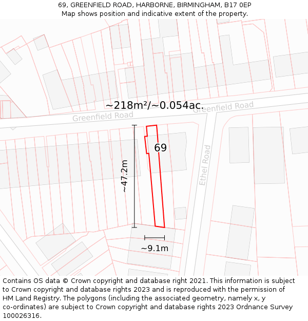 69, GREENFIELD ROAD, HARBORNE, BIRMINGHAM, B17 0EP: Plot and title map
