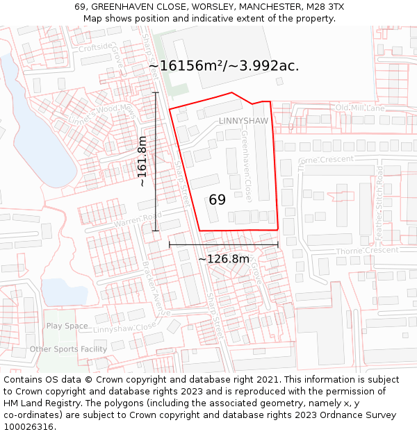 69, GREENHAVEN CLOSE, WORSLEY, MANCHESTER, M28 3TX: Plot and title map