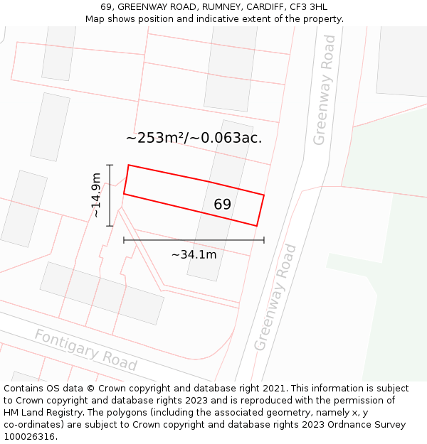 69, GREENWAY ROAD, RUMNEY, CARDIFF, CF3 3HL: Plot and title map