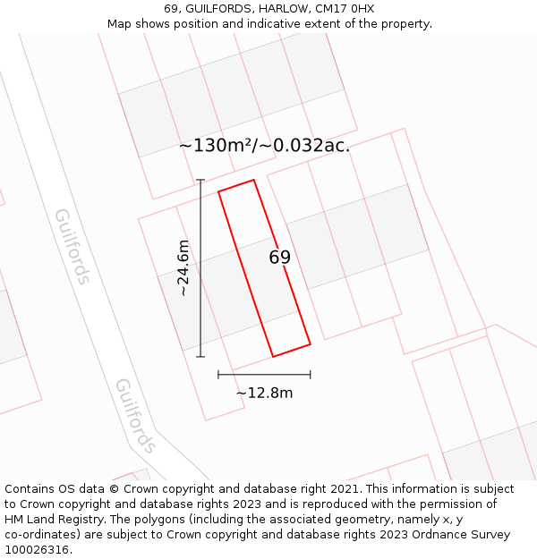 69, GUILFORDS, HARLOW, CM17 0HX: Plot and title map