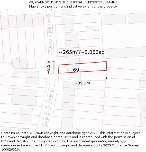 69, GWENDOLIN AVENUE, BIRSTALL, LEICESTER, LE4 4HF: Plot and title map