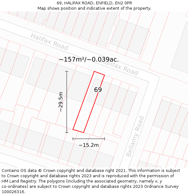 69, HALIFAX ROAD, ENFIELD, EN2 0PR: Plot and title map