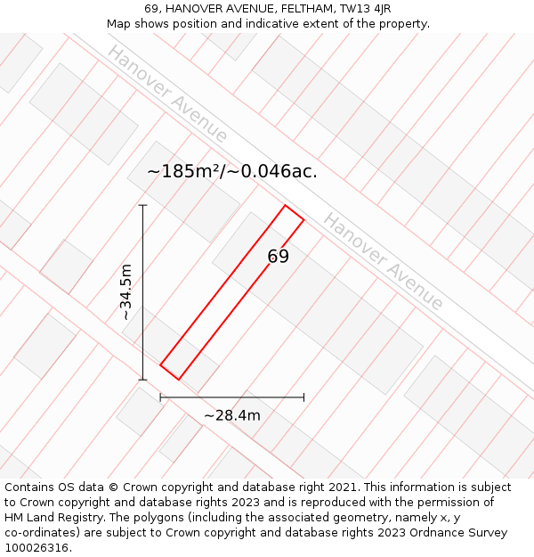 69, HANOVER AVENUE, FELTHAM, TW13 4JR: Plot and title map