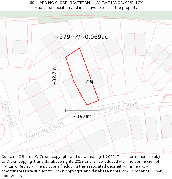 69, HARDING CLOSE, BOVERTON, LLANTWIT MAJOR, CF61 1GX: Plot and title map