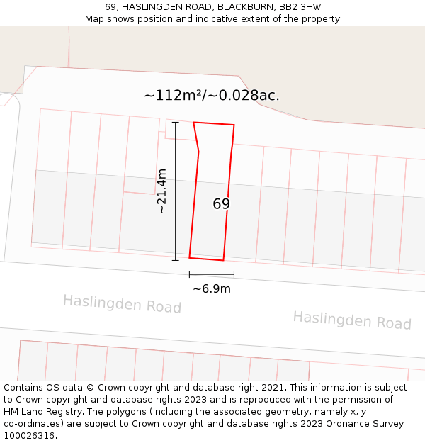 69, HASLINGDEN ROAD, BLACKBURN, BB2 3HW: Plot and title map