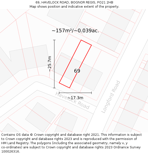 69, HAVELOCK ROAD, BOGNOR REGIS, PO21 2HB: Plot and title map