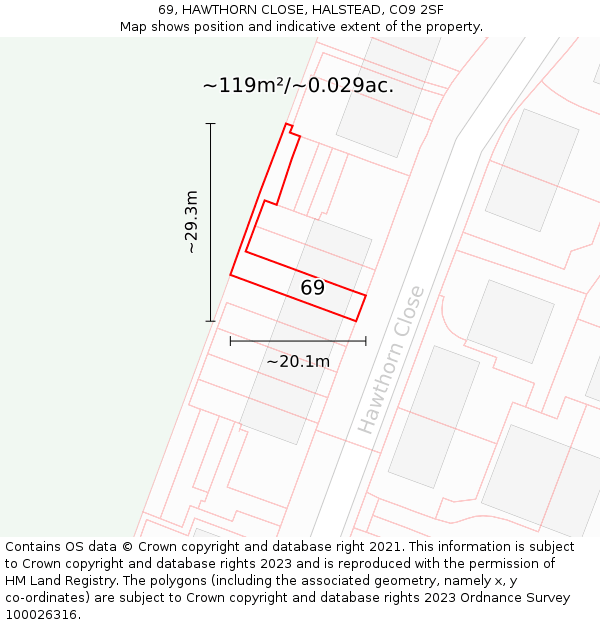 69, HAWTHORN CLOSE, HALSTEAD, CO9 2SF: Plot and title map