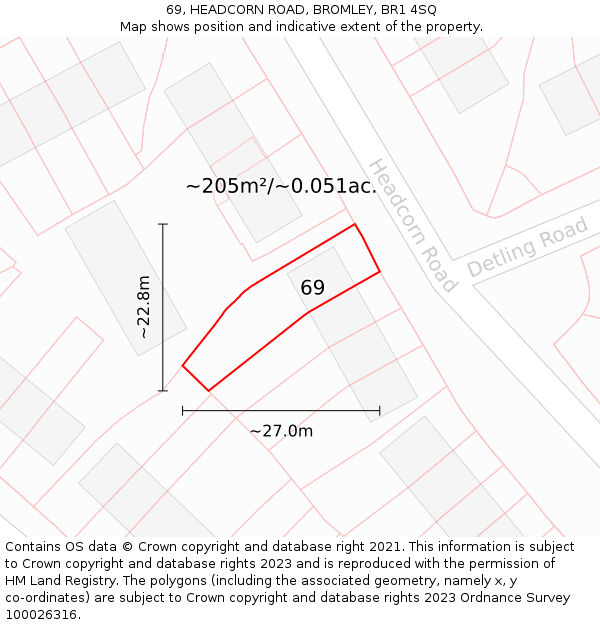 69, HEADCORN ROAD, BROMLEY, BR1 4SQ: Plot and title map