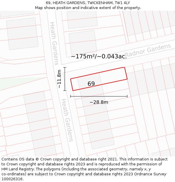 69, HEATH GARDENS, TWICKENHAM, TW1 4LY: Plot and title map