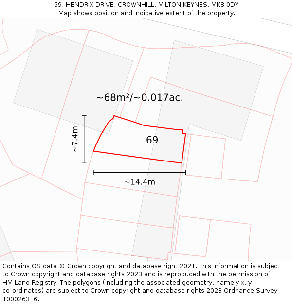 69, HENDRIX DRIVE, CROWNHILL, MILTON KEYNES, MK8 0DY: Plot and title map