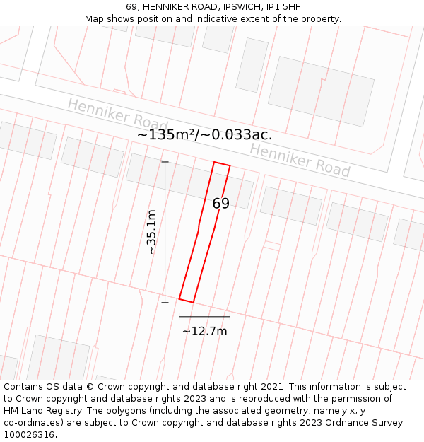69, HENNIKER ROAD, IPSWICH, IP1 5HF: Plot and title map