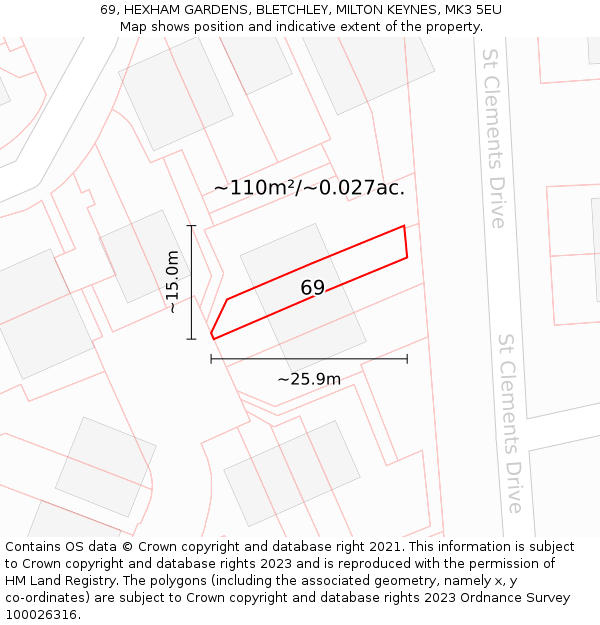 69, HEXHAM GARDENS, BLETCHLEY, MILTON KEYNES, MK3 5EU: Plot and title map