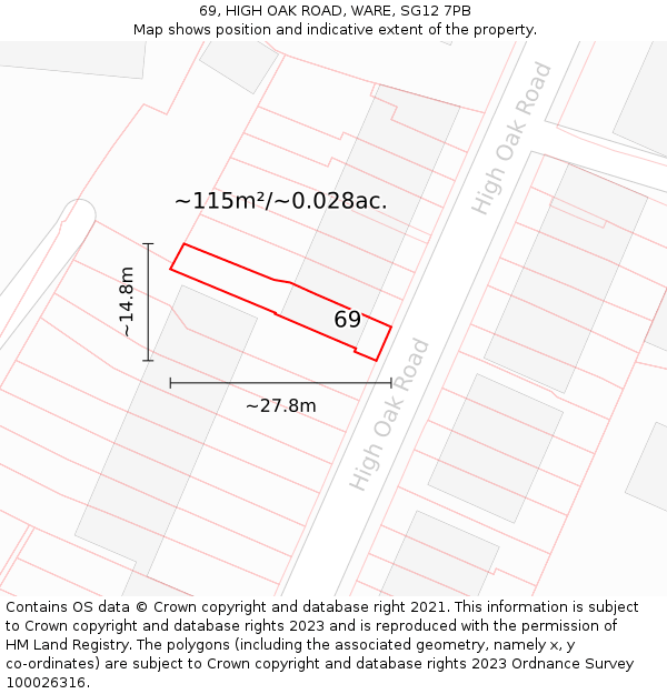 69, HIGH OAK ROAD, WARE, SG12 7PB: Plot and title map