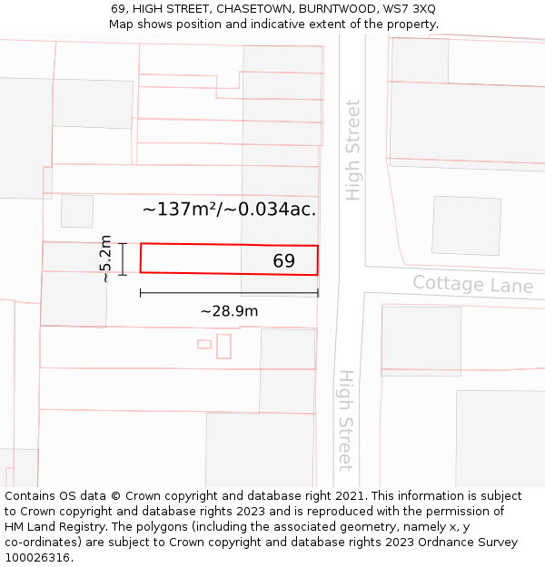 69, HIGH STREET, CHASETOWN, BURNTWOOD, WS7 3XQ: Plot and title map
