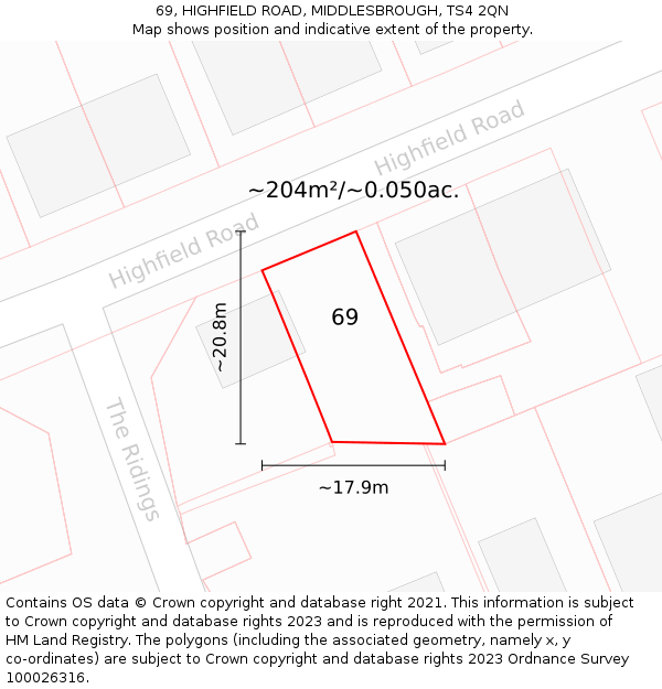 69, HIGHFIELD ROAD, MIDDLESBROUGH, TS4 2QN: Plot and title map