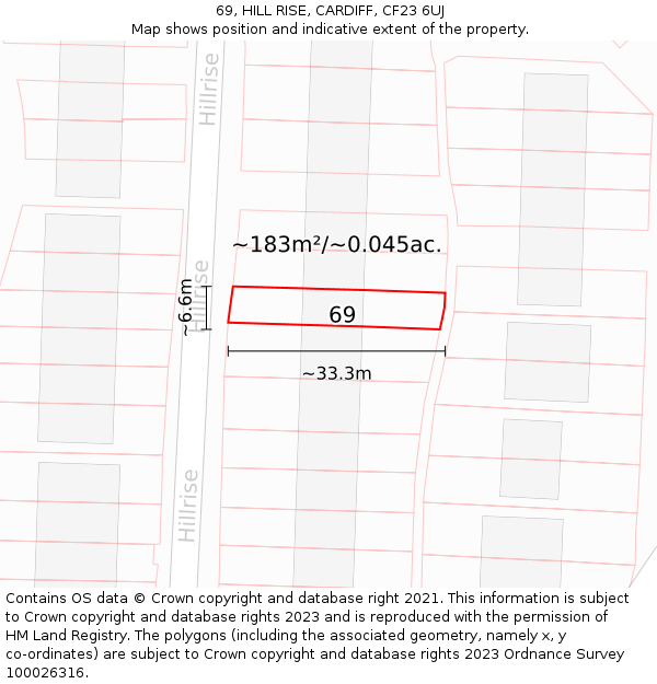 69, HILL RISE, CARDIFF, CF23 6UJ: Plot and title map