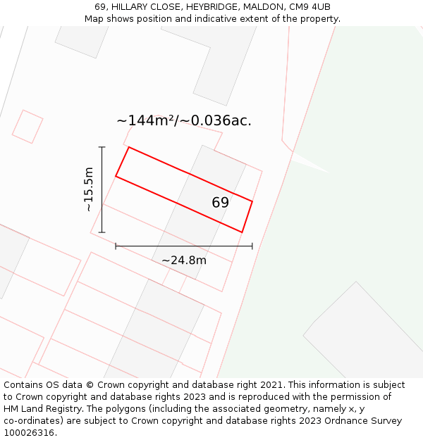 69, HILLARY CLOSE, HEYBRIDGE, MALDON, CM9 4UB: Plot and title map