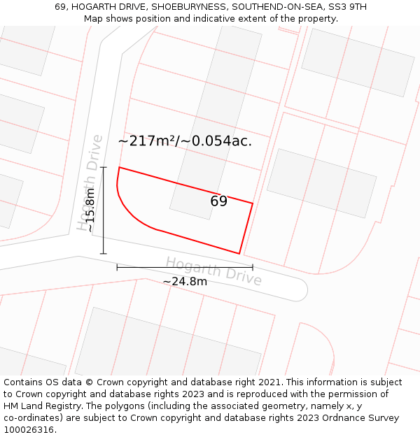69, HOGARTH DRIVE, SHOEBURYNESS, SOUTHEND-ON-SEA, SS3 9TH: Plot and title map