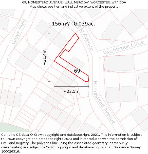 69, HOMESTEAD AVENUE, WALL MEADOW, WORCESTER, WR4 0DA: Plot and title map