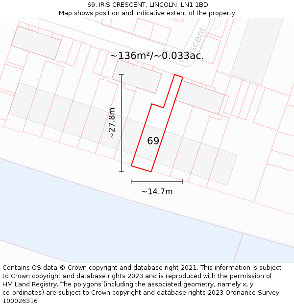 69, IRIS CRESCENT, LINCOLN, LN1 1BD: Plot and title map