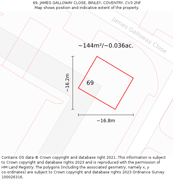 69, JAMES GALLOWAY CLOSE, BINLEY, COVENTRY, CV3 2NF: Plot and title map
