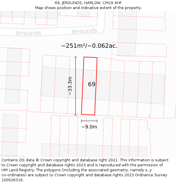 69, JEROUNDS, HARLOW, CM19 4HF: Plot and title map