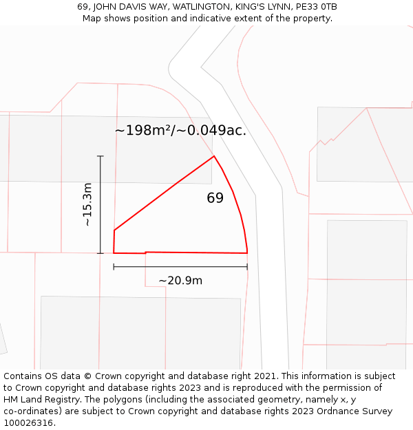 69, JOHN DAVIS WAY, WATLINGTON, KING'S LYNN, PE33 0TB: Plot and title map