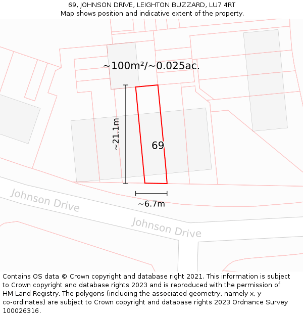 69, JOHNSON DRIVE, LEIGHTON BUZZARD, LU7 4RT: Plot and title map