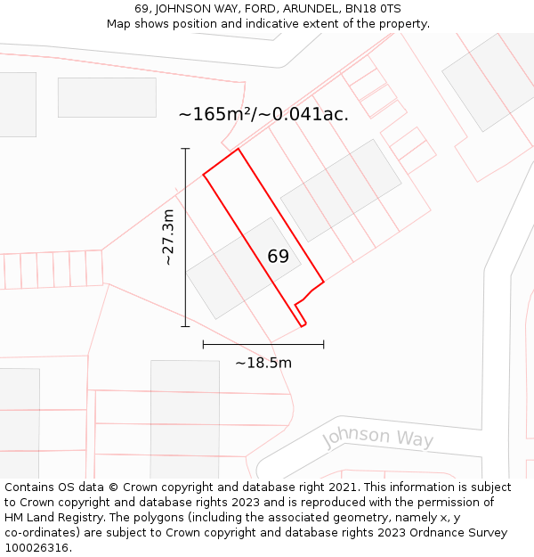 69, JOHNSON WAY, FORD, ARUNDEL, BN18 0TS: Plot and title map