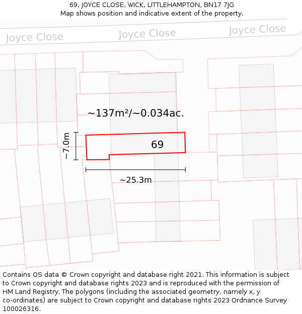 69, JOYCE CLOSE, WICK, LITTLEHAMPTON, BN17 7JG: Plot and title map
