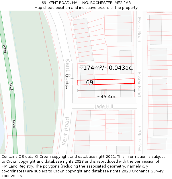 69, KENT ROAD, HALLING, ROCHESTER, ME2 1AR: Plot and title map